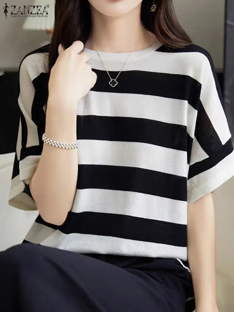 

ZANZEA Fashion Tops 2024 Women Striped Summer Blouse Casual Short Sleeve O-Neck Loose Tops Vintage Shirts Ladies Blusas Feminina