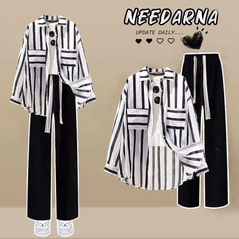 Summer Striped Patchwork Chiffon Shirt Wide Leg Pants Jeans Two-piece Elegant Women\'s Pants Set Casual Outfits Tracksuits