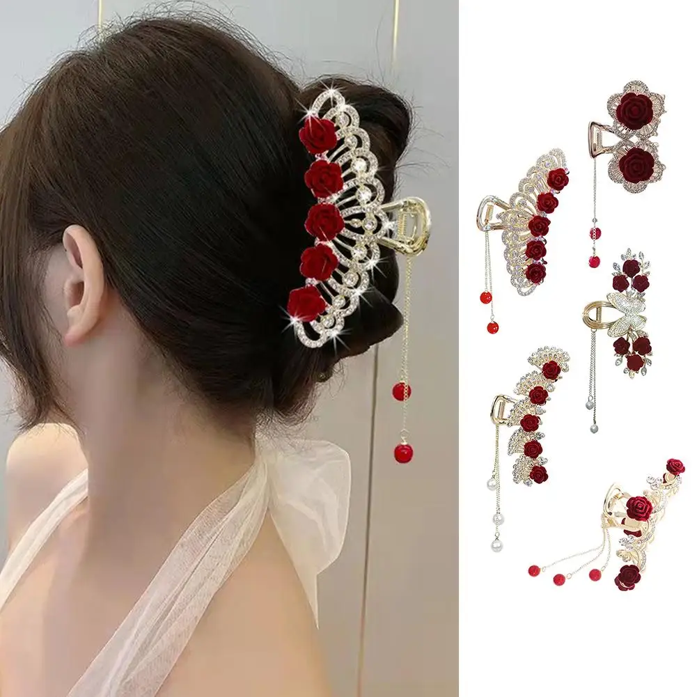 

Velvet Rose Tassel Hair Claws Women Shiny Crystal Hair Clip For Girls Exquisite Elegance Headdress Hair Accessoires Hair Cl H7J3