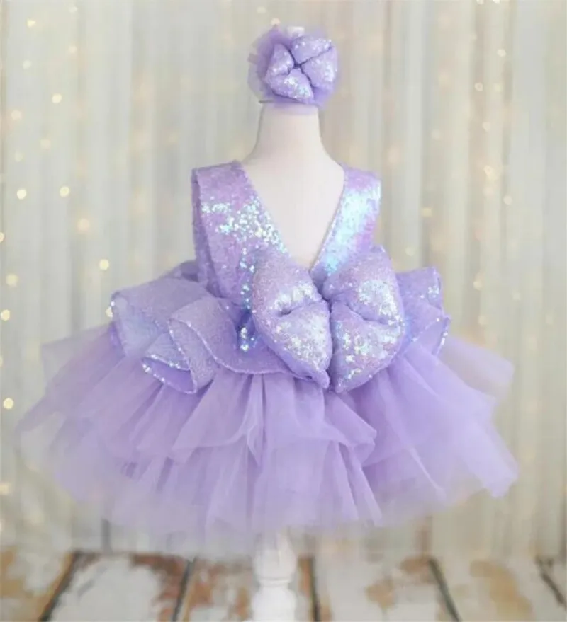 

Sequined Girl Pageant Dress Flower Girls Dresses for Wedding Lilac Tulle Kids Ruffles Party Birthday Gowns for Photoshoot