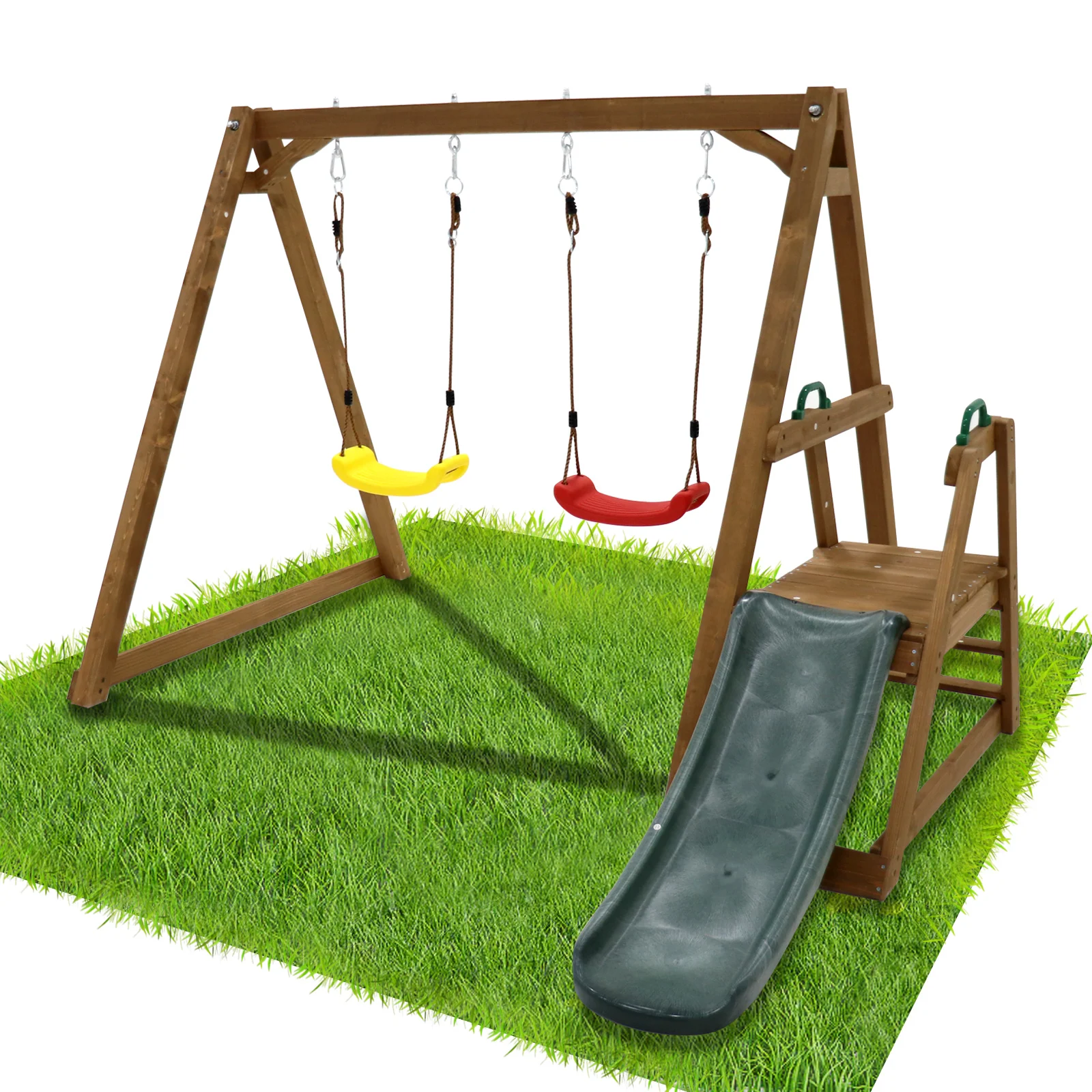 Wood Swing Set for Backyard, 2 in 1 Outdoor Swing Set with Slide, Climbing Rope Ladder Kids Backyard Playset 2