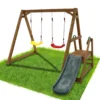 Wood Swing Set for Backyard, 2 in 1 Outdoor Swing Set with Slide, Climbing Rope Ladder Kids Backyard Playset 2