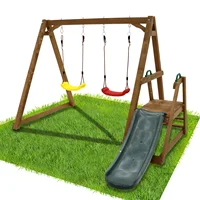 Wood Swing Set for Backyard, 2 in 1 Outdoor Swing Set with Slide, Climbing Rope Ladder Kids Backyard Playset 2
