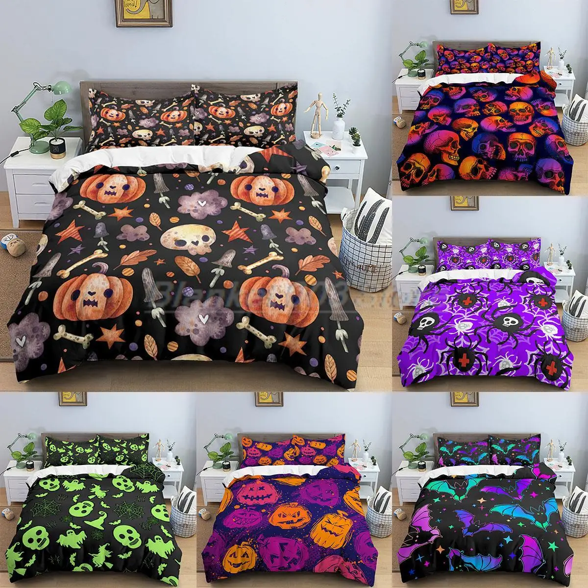 

Halloween Bedding Sets Bats Pumpkin Printed Duvet Cover With Pillowcase Queen King Size Quilt Cover 3D Skull Print Bedclothes