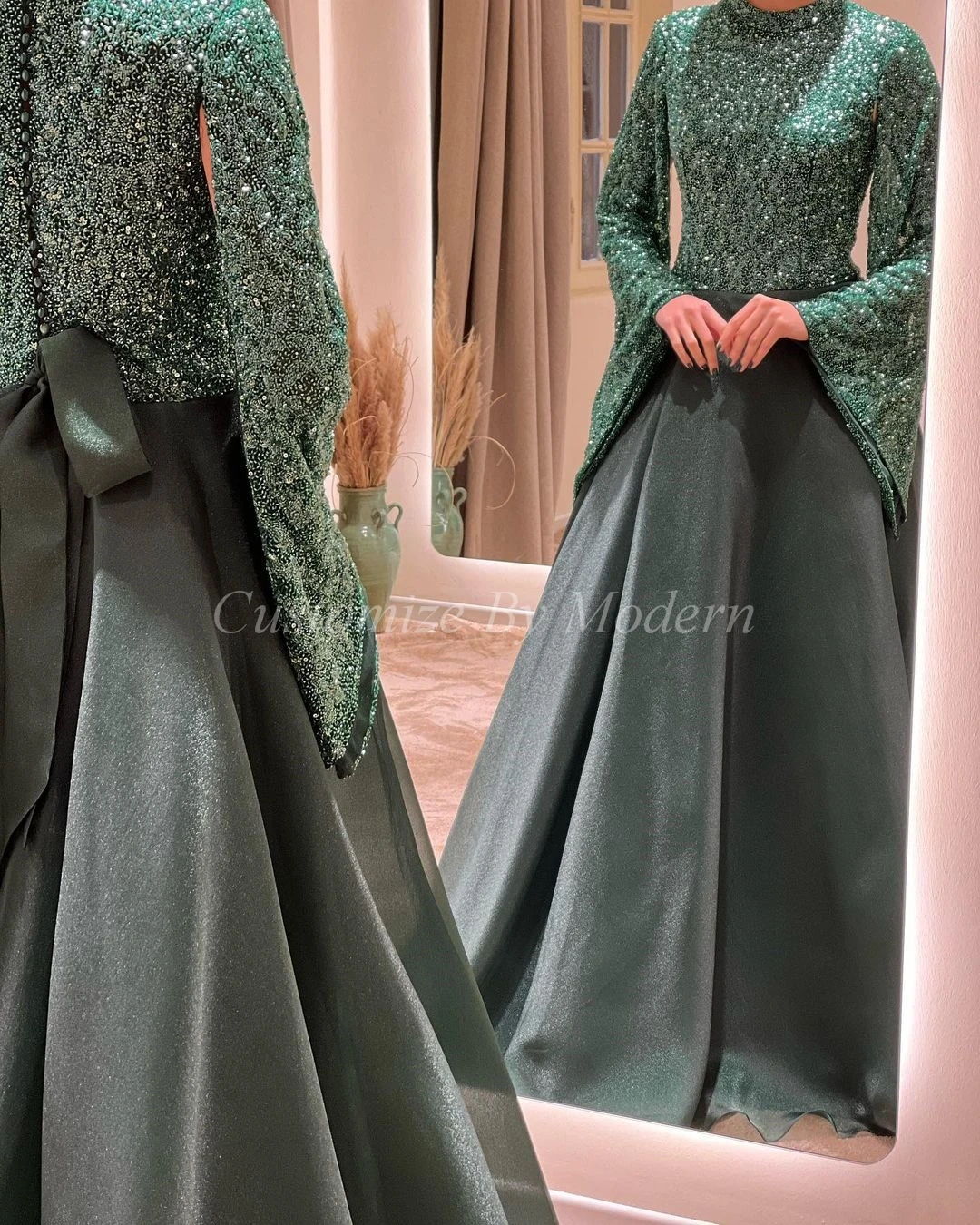 Green Sequins Long Sleeves Prom Dresses O-Neck Sweep Train Saudi Arabic Women Prom Gowns Formal Party Dress