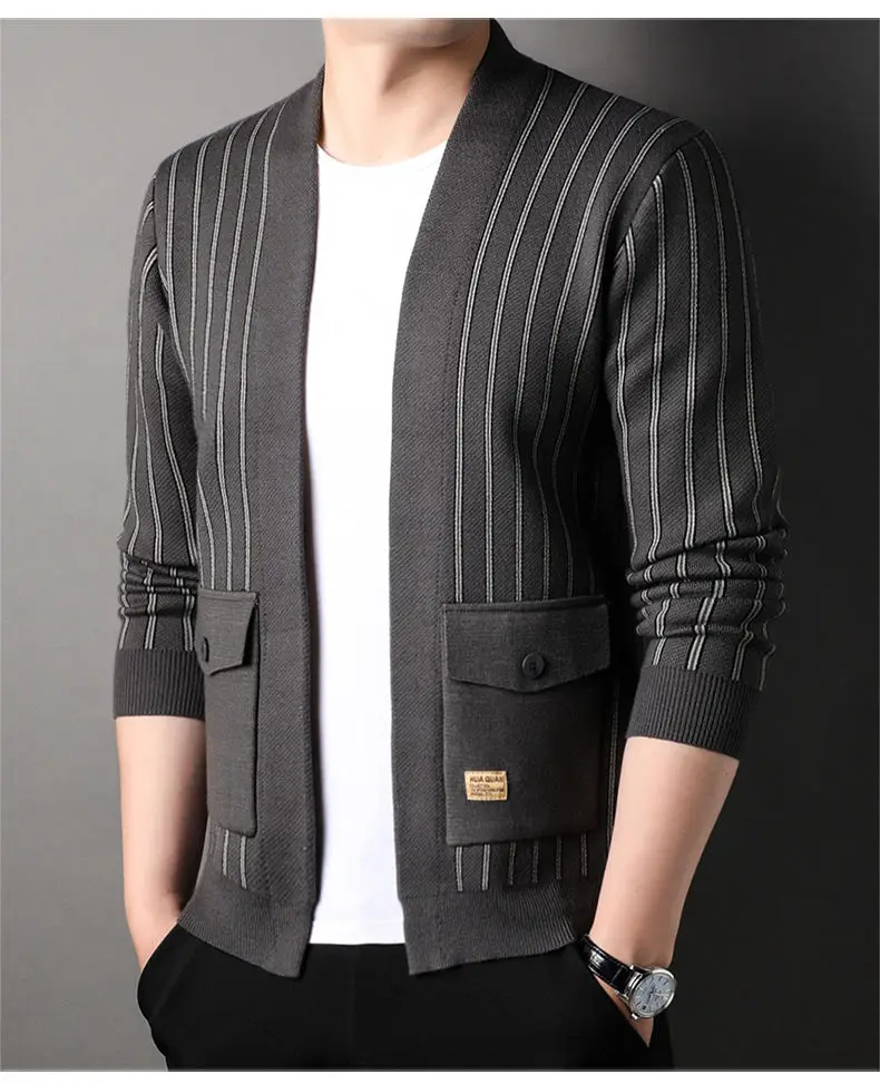 2023 Autumn Winter New Versatile Casual Men's Top Coat Fashion Urban Striped Knitted Cardigan V-Neck Pocket Trendy Overcoat