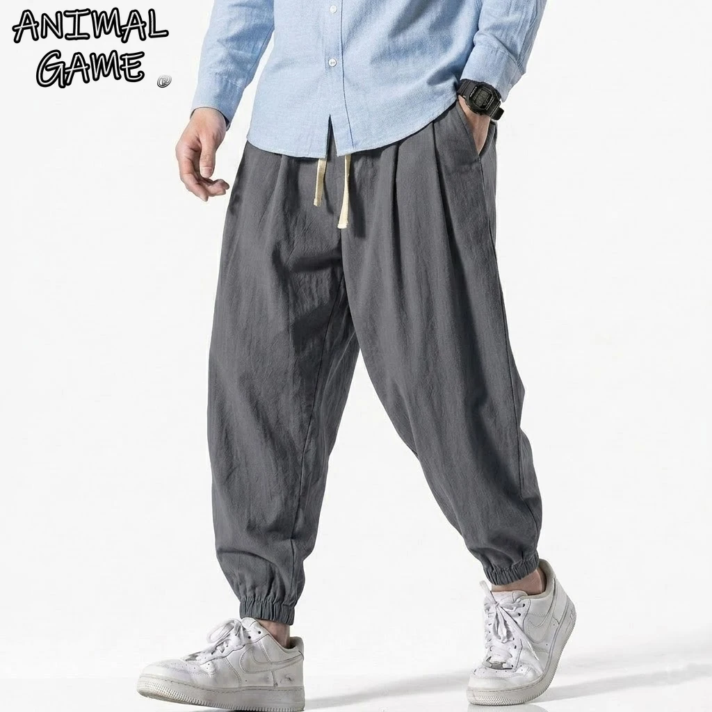 Koreanische Herren-Leinenhosen Frühling Locker Sitzende Strand- und Urlaubshosen aus Baumwolle Lässige Wanderhosen für Männer Sommer Baggy-Hosen Fitness-Arbeitshosen Streetwear