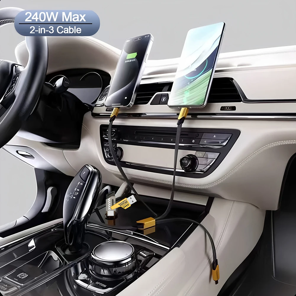 2-in-3 240W USB/Type-c To Type-c/Micro/L Super Fast Charging Mecha Data Cable 1.2M For iPhone 16 15 Samsung Xiaomi Huawei Tablet