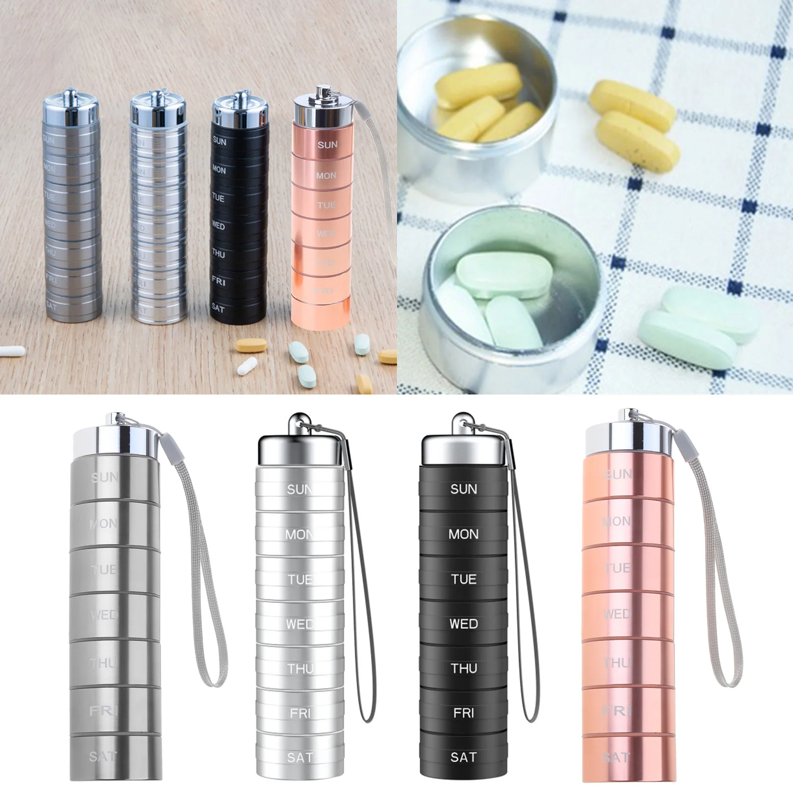 

11UE Stackable алюминиевый сплав Travel 7 Day Pills Box Большое отделение для хранения таблеток