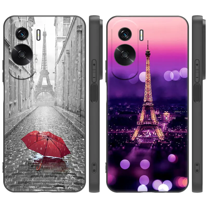 Paris Eiffel Tower Cartoon Cover Black Bumper Case For Huawei P60 Pro Art P50E P40 P30 P20 Pro P10 Lite P Smart Z P Smart 2021