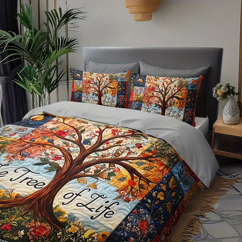 Life Tree Country Style Quilted Duvet Cover Set 2/3pcs HD Print All-Season Comforter with 1 Duvet Cover + 1/2 Pillowcases