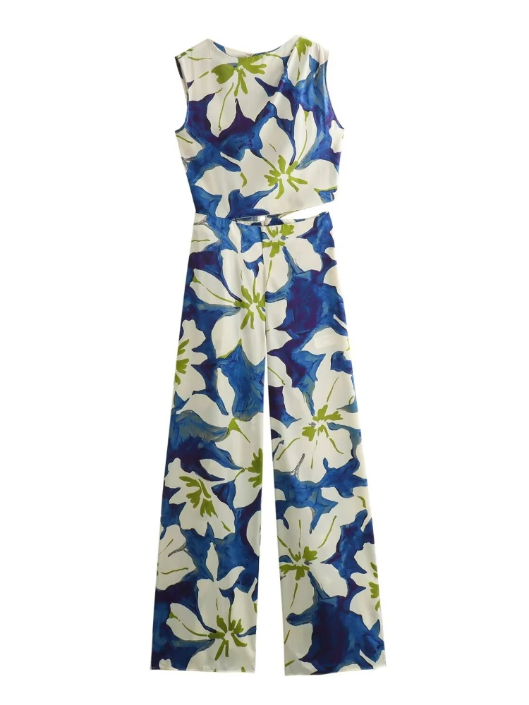 

Summer Woman's Fashion Chic Blue Floral O-Neck Sleeveless Hollow Out Zipper Female Bohemian Wide Leg Vacation Loose Jumpsuit