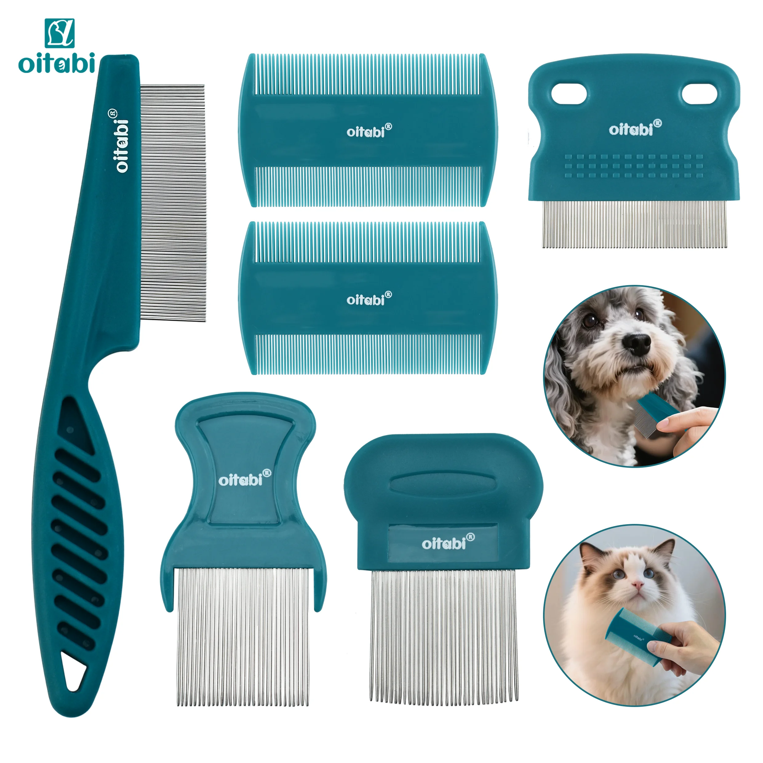Oitabi 3/4/5/6Pcs Dog Grooming Comb Set, Pet Flea Lice Stainless Steel Cat Combs, 2-in-1 Double Sided Dogs Tear Stain Remover 1