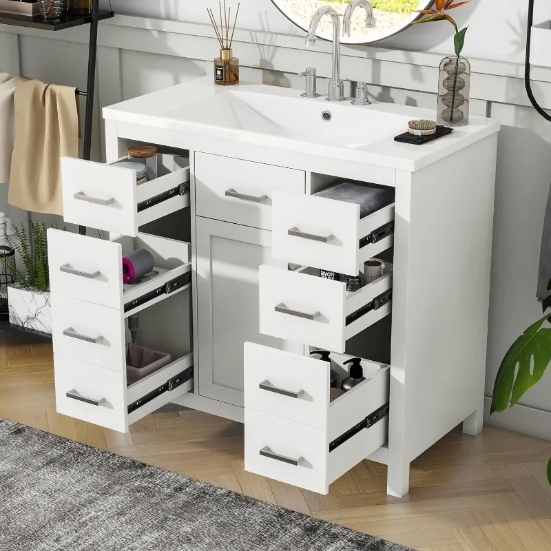 

Contemporary Bathroom Vanity Storage Soft-Closing Door,Wood Single Basin Cabinet With Resin Integrated Sink,Adjustable Shelves