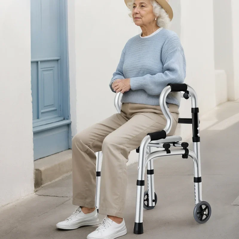Quad Cane with Seat and Adjustable Height, Walking Aid for Elderly and Disabled Folding Walking Stick with Seat 2