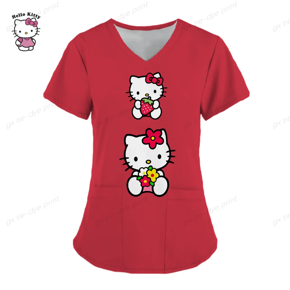 thumbnail image 1 of Ropa de mujer, camisetas de verano, camisetas de Hello Kitty, camisetas con cuello en V, camisetas con bolsillos, uniformes de enfermera, camisetas de hospital, camisetas para mujer 2023, 1 of 5