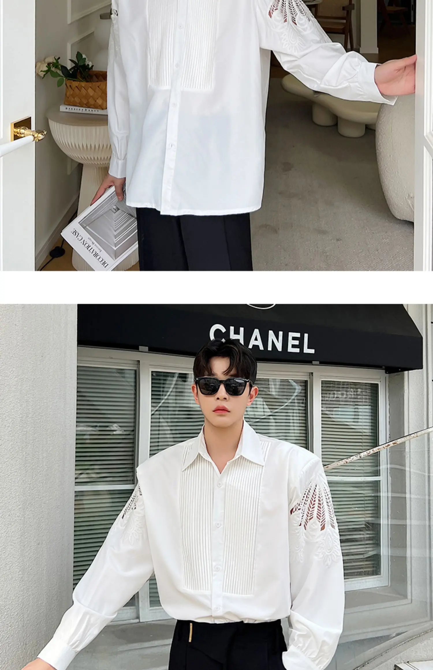 Description Picture 3 of itemSenior Embossing Hollow Sleeve Men Blouse Elegant Shirts Pleated Stitching Office Work Business Formal Tops Design Streetwear