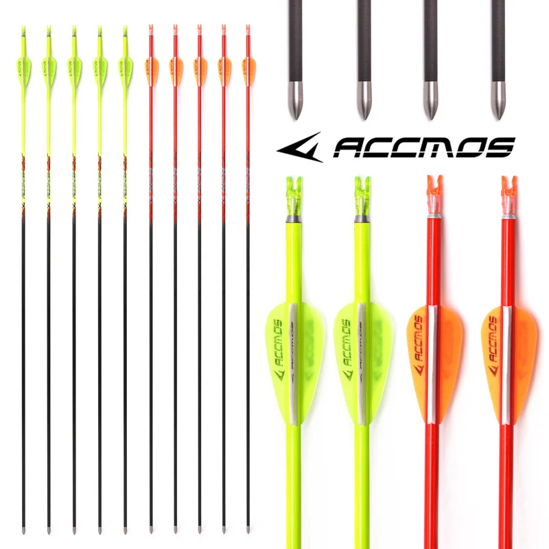 

12pc 31in ID 4.2mm Pure Carbon Complete Arrow Spine 400 — 1000 Archery Orange /Yellow For Compound /Recuvre Bow Shooting