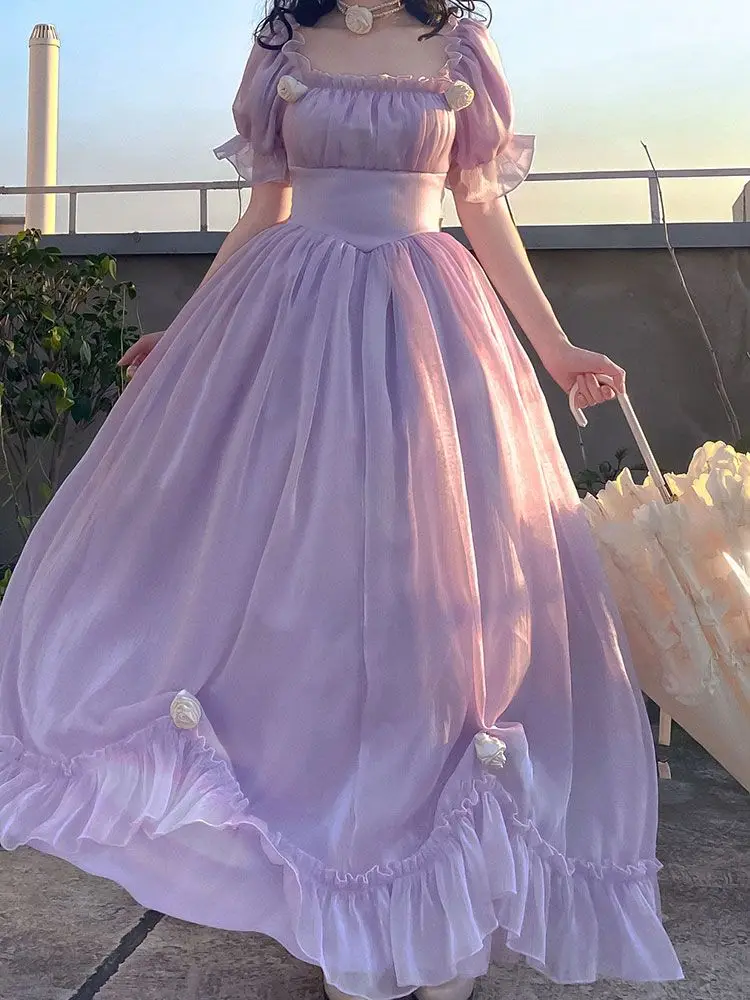 2023 French Vintage Purple Dress Summer Puff Sleeve Backless Bow A-Line Midi Dress Fashion Party Evening Palace Princess Dress