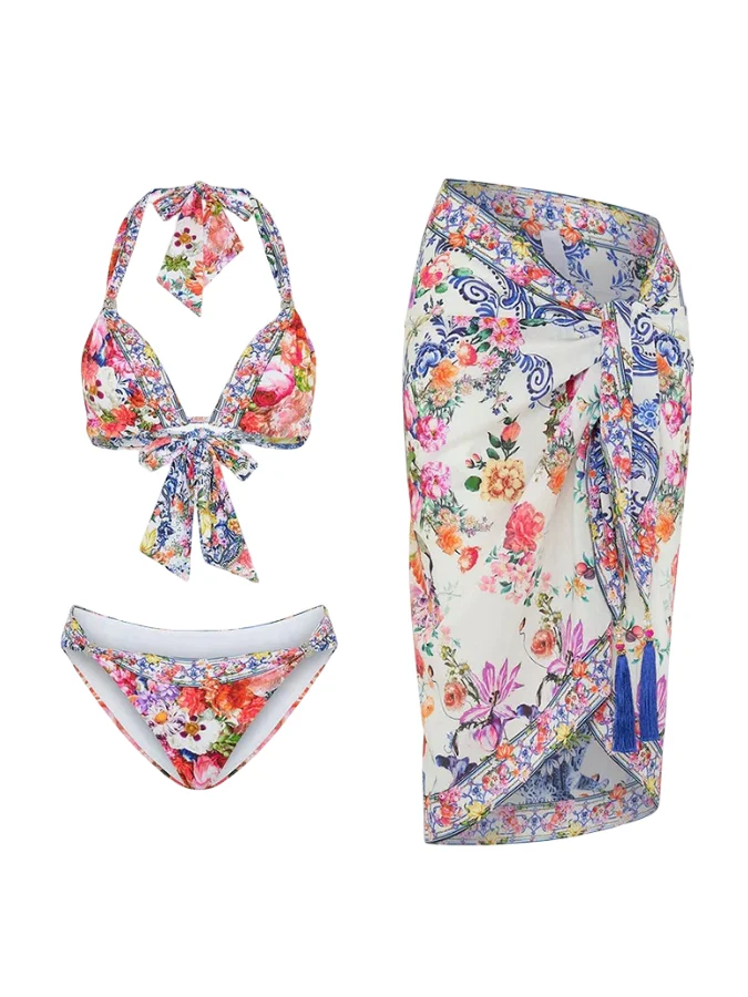 Color Contrast Women's Bikini Fashion Trend Flower Print Swimsuit Set Designer New Beach Vacation Camping Swimwear And Cover-Up