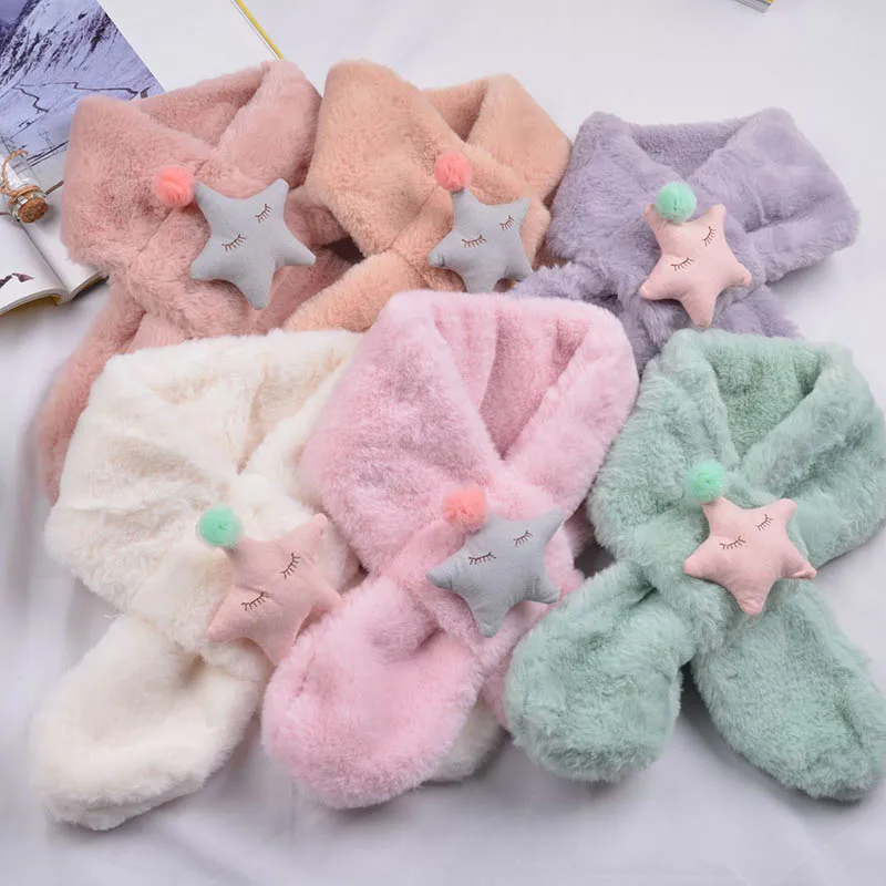 Winter Push Baby Scarf Cute Rabbit Bear Doll Scarves for Boy Girl Warm Soft Faux Fur Kids Cross Neckerchief baby scarf wool scarf rabbit fur scarf