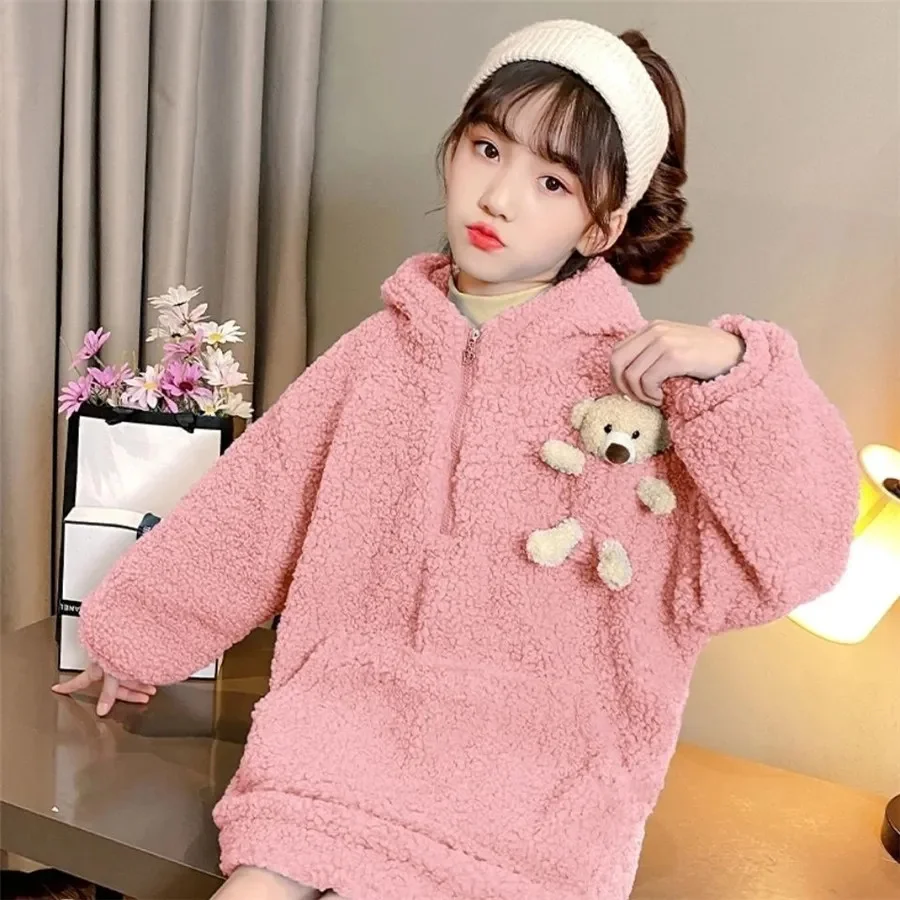 여아용 귀여운 긴 소매 스웨터, 두꺼운 따뜻한 풀오버, 후드 스웨터, 겨울 옷, 5, 8, 11, 12 Y, 가을