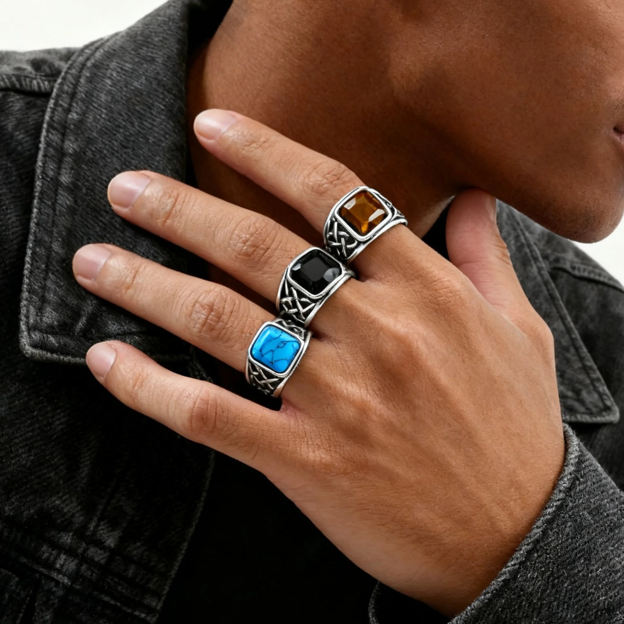 Bagues ethniques Vintage à nœud Viking pour hommes, chevalière carrée en pierre naturelle en acier inoxydable, bijoux Punk à la mode