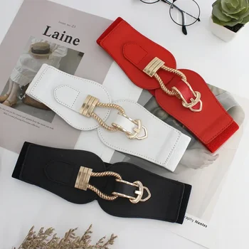 New PU Leather Cummerbunds for Ladies Dress Sweater Stretchy Belts Fashion Elastic Waist Belt Women Wide Waistband Big Buckle