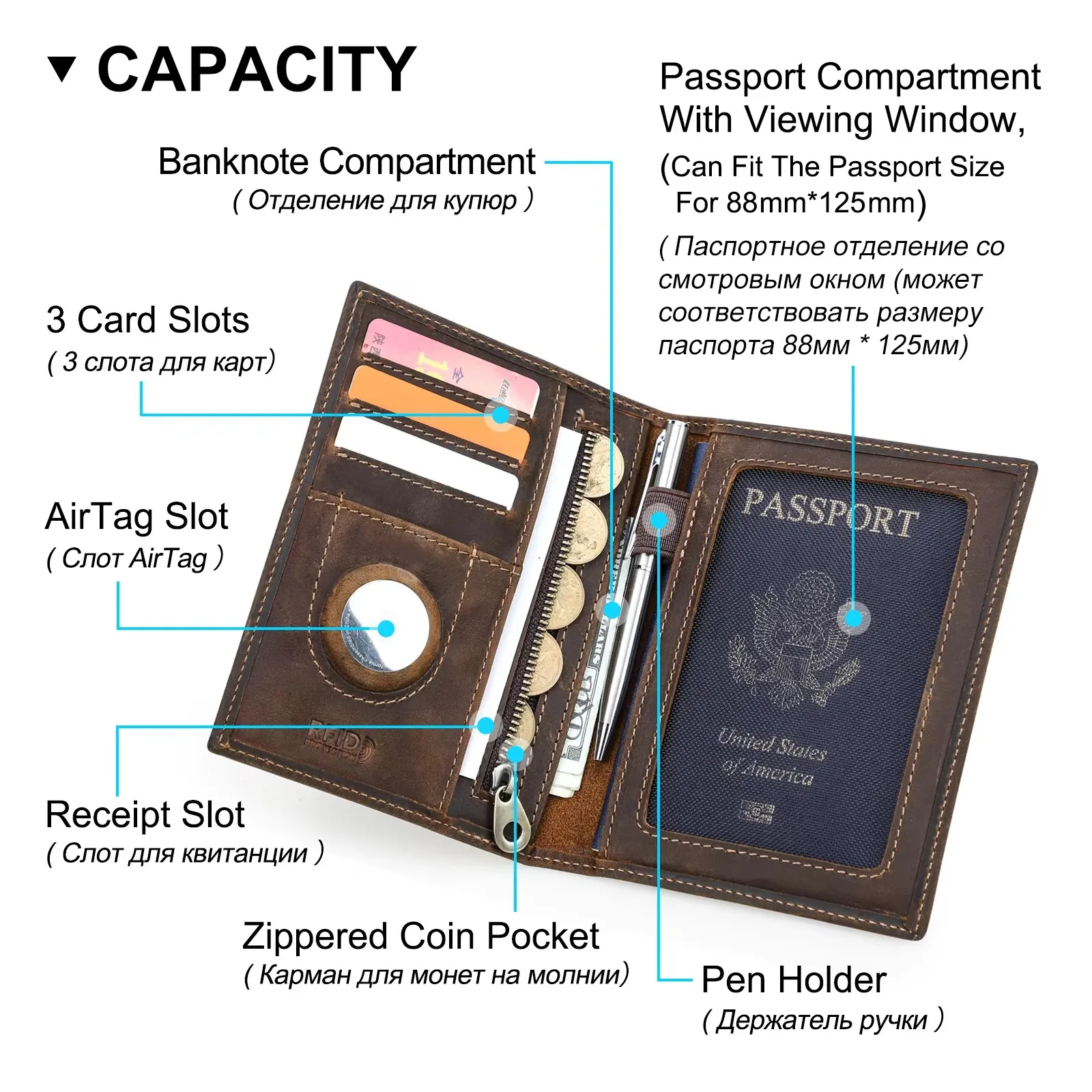 Porta Passaporto in Vera Pelle di Vacchetta con Custodia per Airtag, Tasca Antifurto, Porta Penne e Carte, Blocco RFID, Custodia per Passaporto - immagine 5