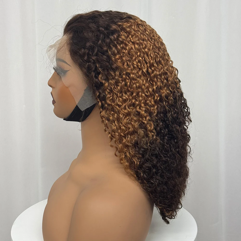 300% Density Burmese Full Pixie Curly Hair Wig Ombre Bob Human Hair Wig 13x4 Transparent Lace Front Wig for Black Women 16 inch