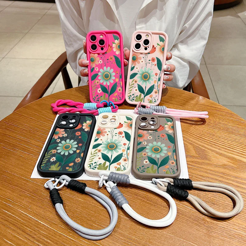 Floral Wrist Chain Lanyard Phone Case with Soft TPU Cover