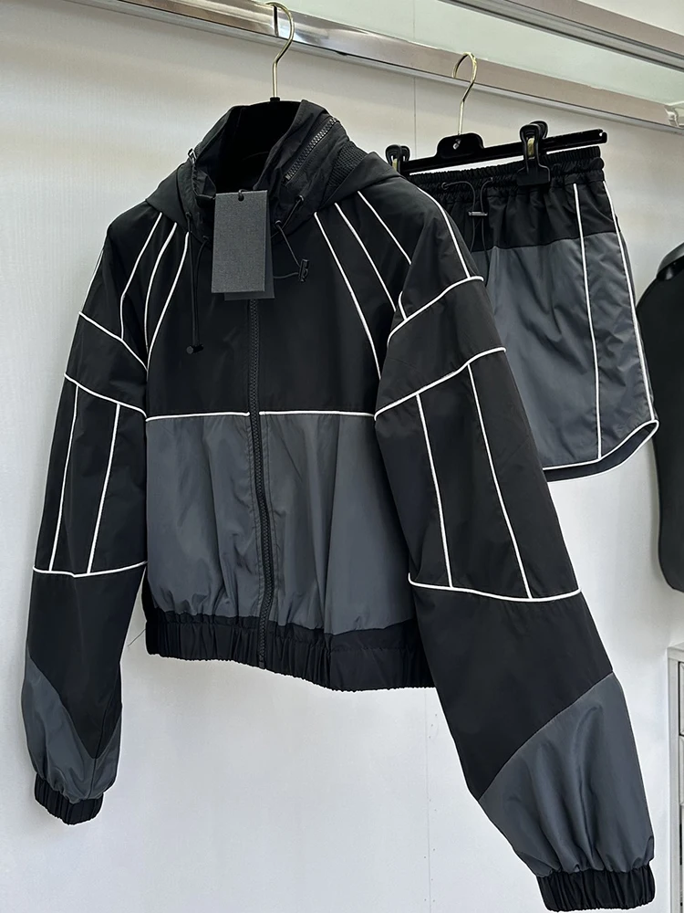 

Женский костюм с шортами, дизайнерский Весенний костюм в стиле пэчворк, Свободное пальто с рукавом-фонариком и воротником-стойкой с капюшоном и шорты с эластичным поясом