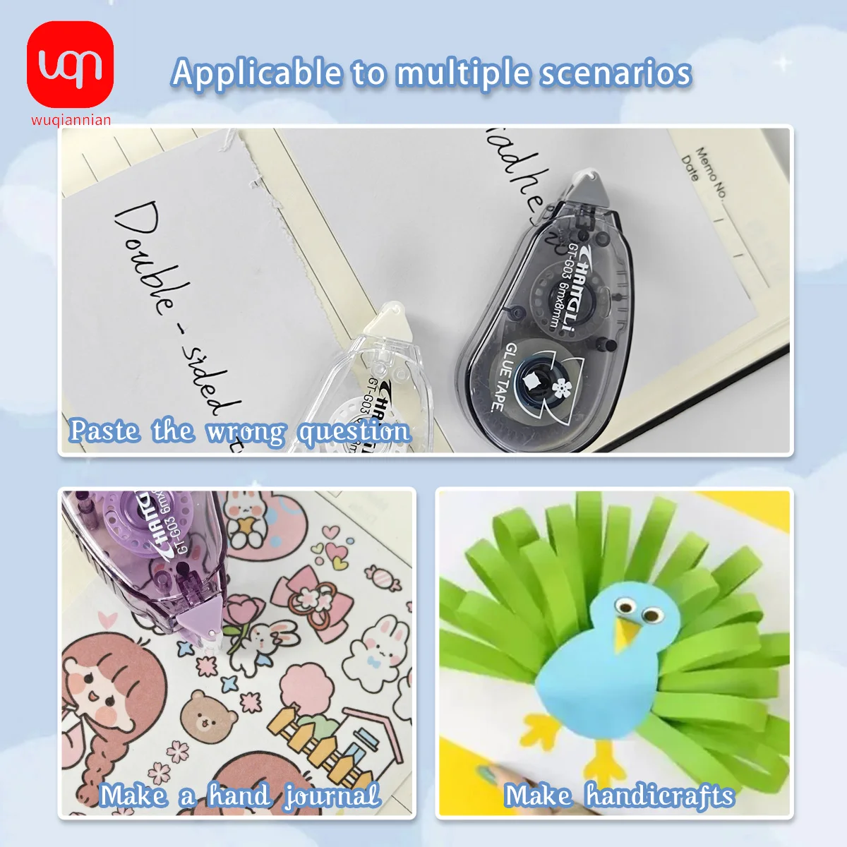 WQN-1/3PCS 고가치 양면 접착 스크랩북 콜라주 앨범 롤러 테이프 학생 및 사무실 미술 용품