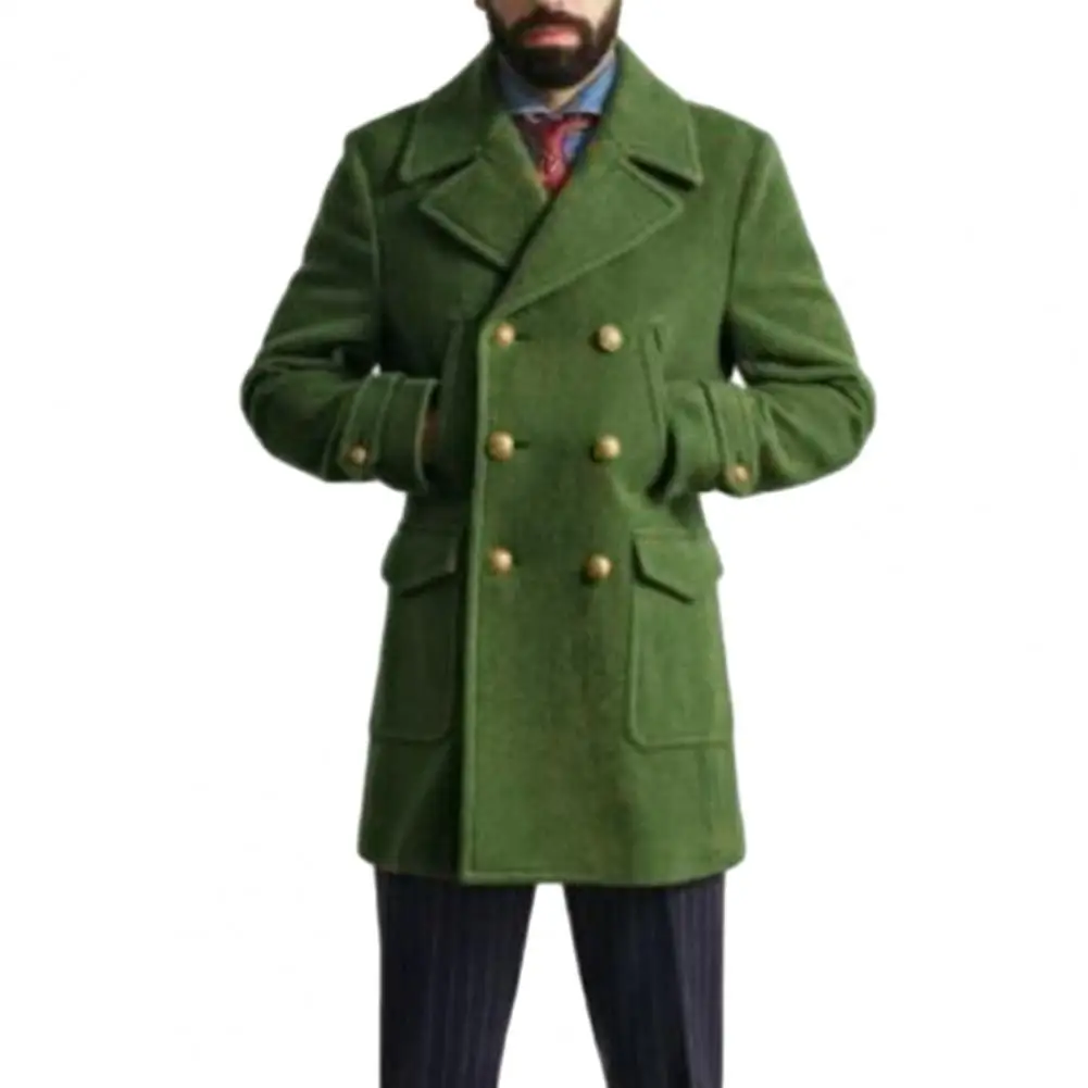 Men Formal Coat British Style Double-breasted Trench Coat with Notch Collar Pockets for Men Fall Winter Solid Color Thick Long