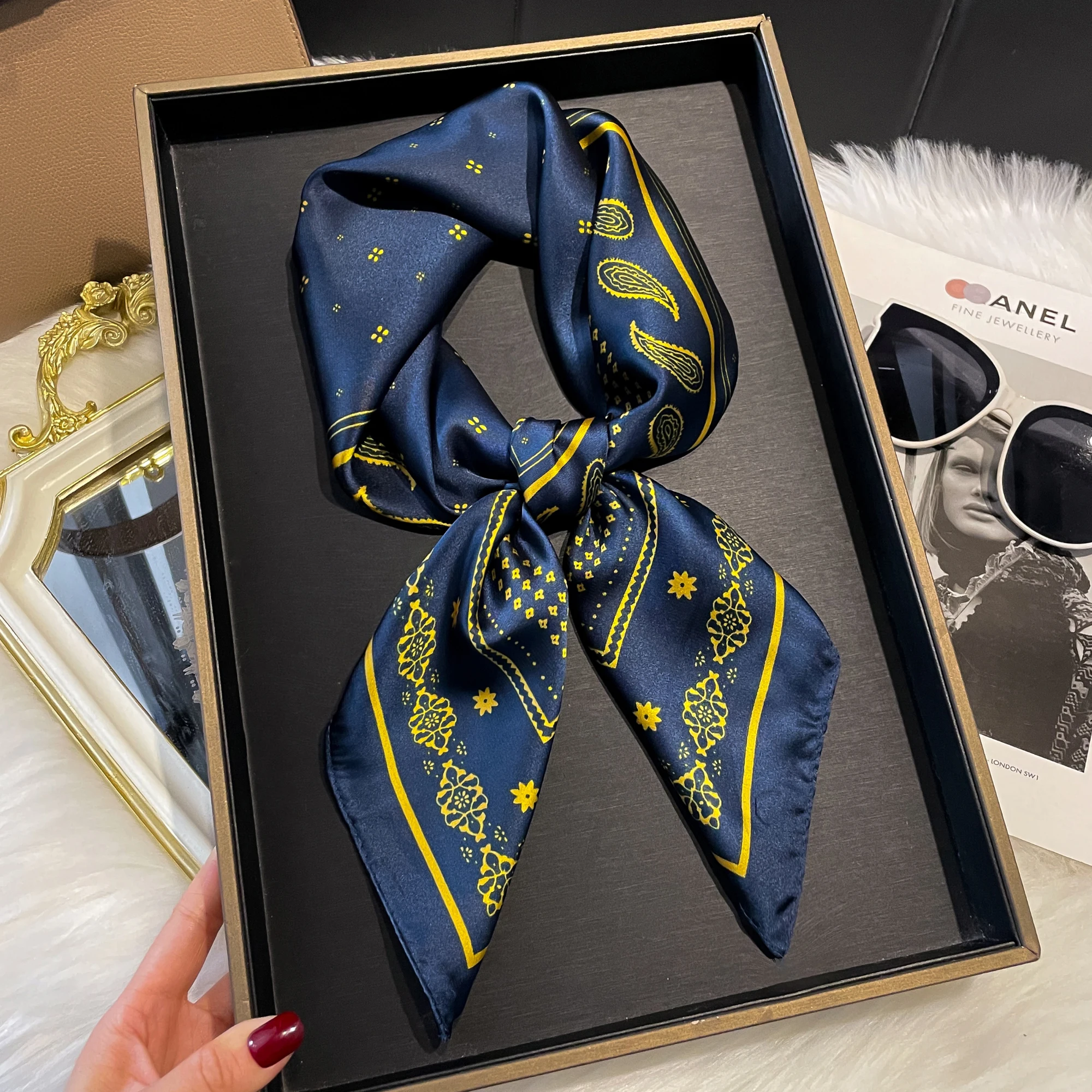 Luxury Fashion Print 70*70cm Silk Square Scarf Women Soft Satin Hairband Neckerchief Tie Female Headband Foulard Bag Ribbon