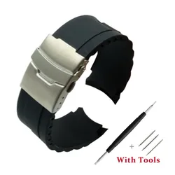 Black Curved End Silicone Waterproof Watch Strap with Tool - 22mm (Black)