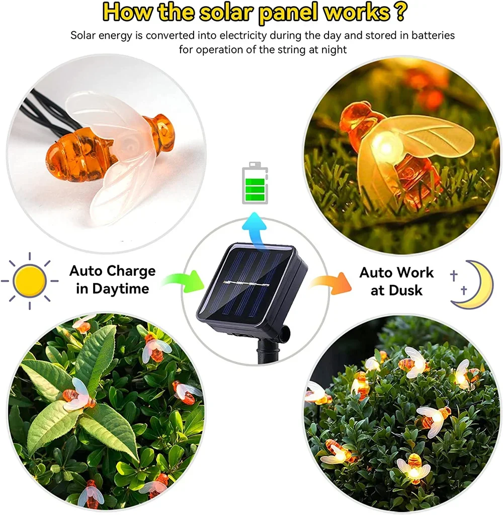 Solar Light 100LED Bee String Lamp Outdoor Fairy Tree Christmas Garland 8 Modes Waterproof Patio Garden Party Decor