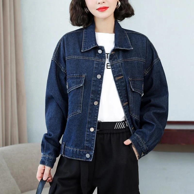 

Fashion Loose Button Denim Coat Spring and Autumn Long Sleeve Denim Tops Casual Turn Down Collar Solid Color Pocket Jacket 29277