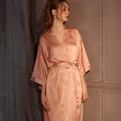 Elegant Jacquard Satin Kimono Robe - Plus Size (Pink Long Robe B)