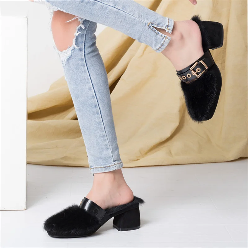 Fur Slippers Thick Sole Thick Heel Mink Fur Non-Slip Slippers Flip-Flops Women's Sandals Women's Fashion Soft Sole Lndoor Slides