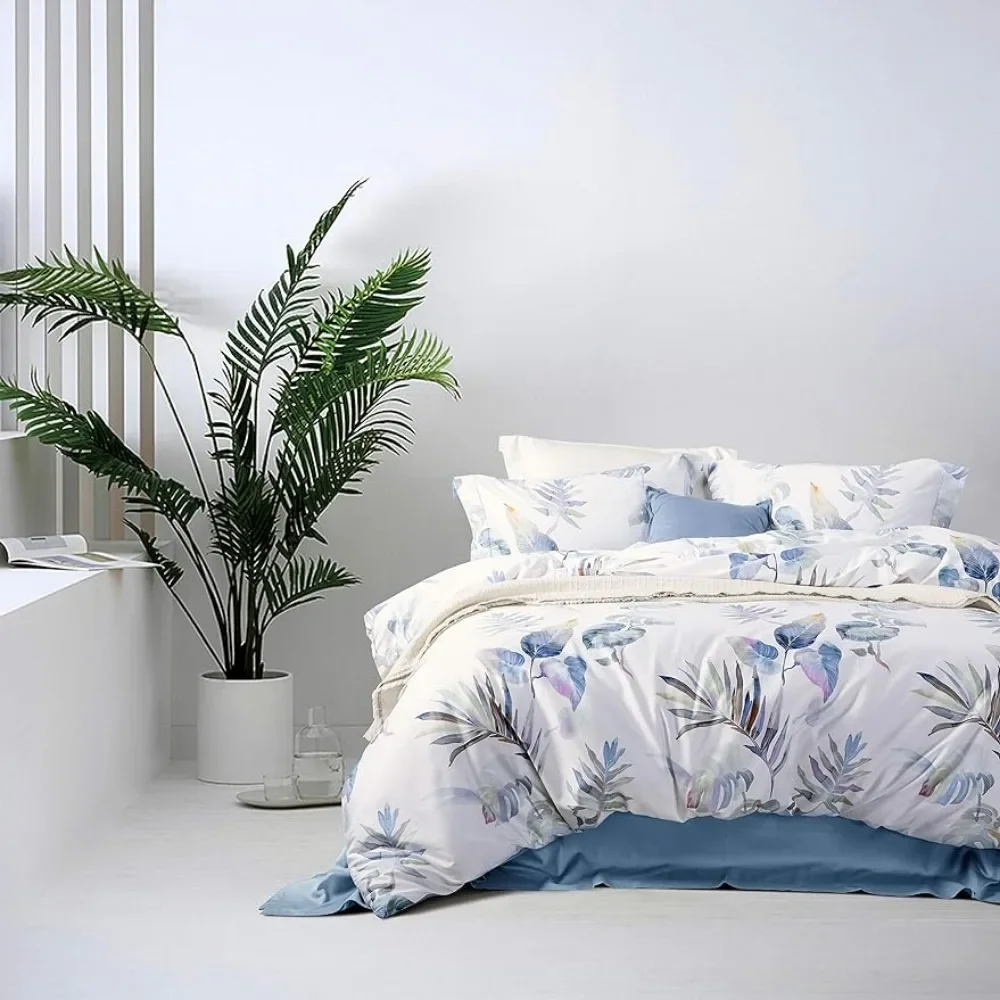 

Beds Sheets Set Queen Tropical 100% Cotton Blue Leaf Comforter Cover Sets Reversible Ultra Soft Breathable Design Bedding Set