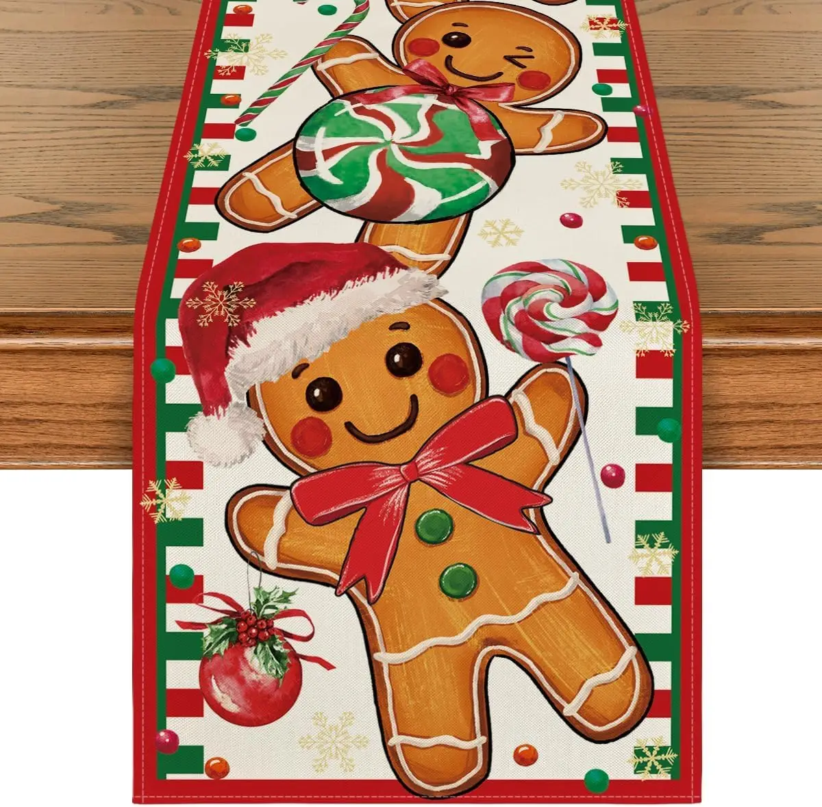 Gingerbread Candy Cane Christmas Linen Table Runner Party Kitchen Dining Table Decor