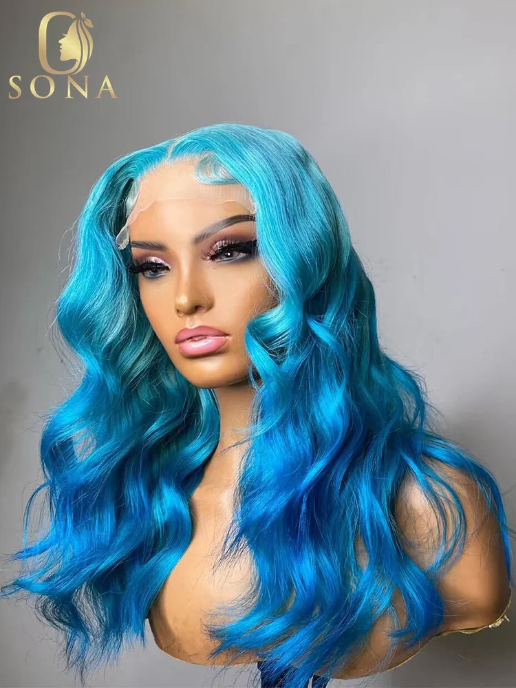 

HD Transparent 13X6 Lace Frontal Wig 13X4 Front Wig 2 Tones Colored Ombre Light Blue Black Body Wave Human Hair Wigs For Women