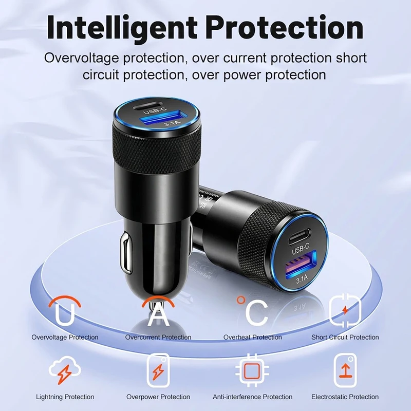 컴팩트 듀얼 포트 자동차 충전기 USB C & A 타입 3.1A 고속 충전 차량용 어댑터 (스마트 온도 제어 기능 포함, 아이폰 및 휴대폰용)
