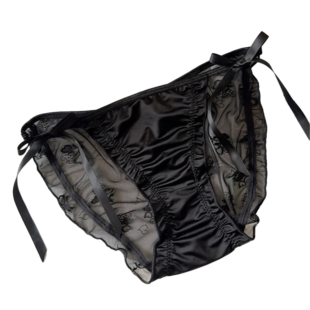 

Women Smooth Satin Thong Briefs Mesh Breathable Panties Sexy Bowknot Ruffled Elegant Underpants Comfortable Low Waist Underwear