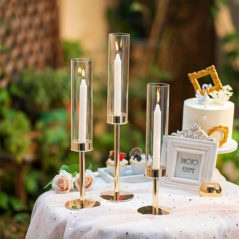 3pcsMetalCandleHolderWithGlassGlobeGoldenWeddingCenterpiece