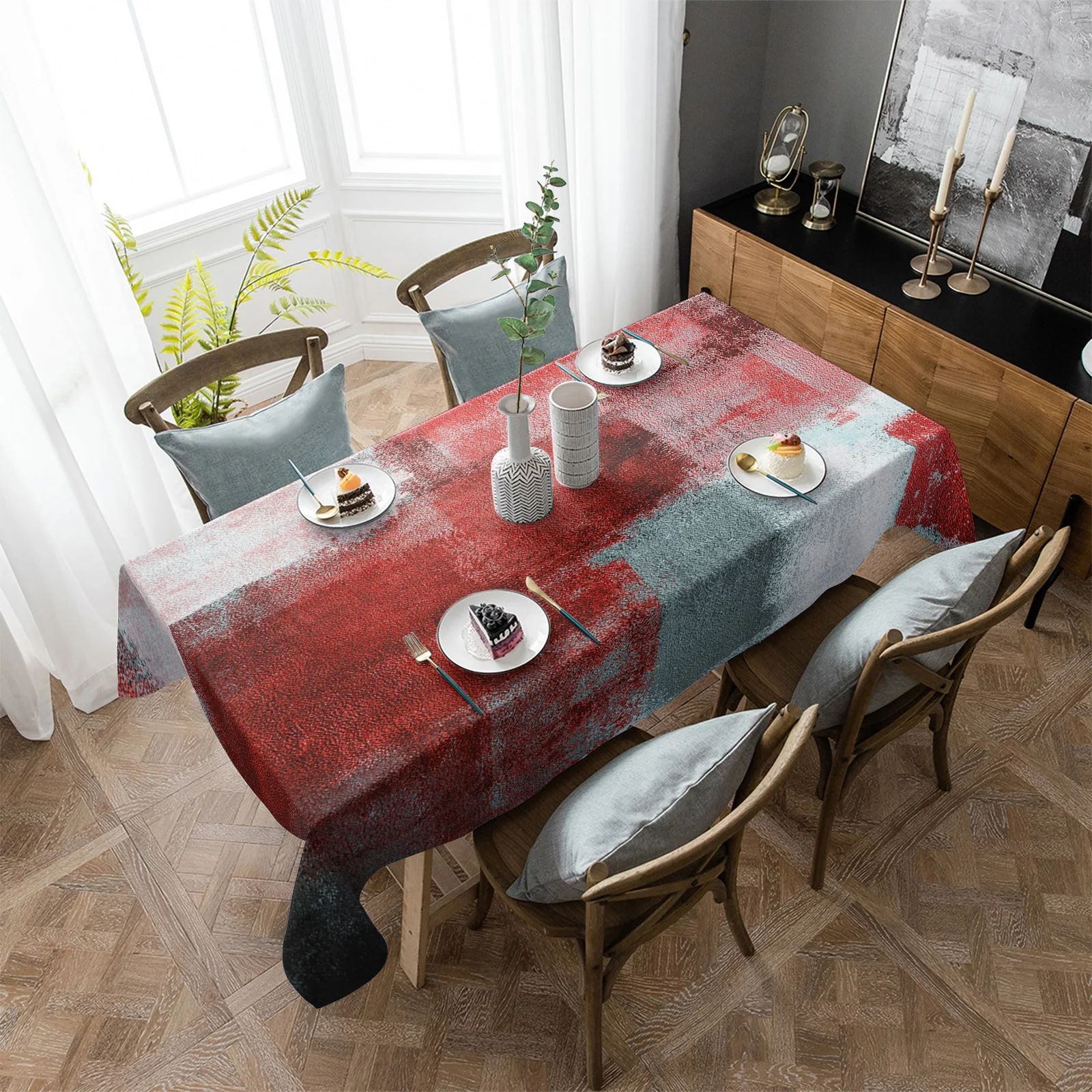 

Картина маслом, абстрактная Геометрическая красная водонепроницаемая скатерть, аксессуары для украшения, прямоугольная скатерть для кухонного стола, декор для кухонного стола
