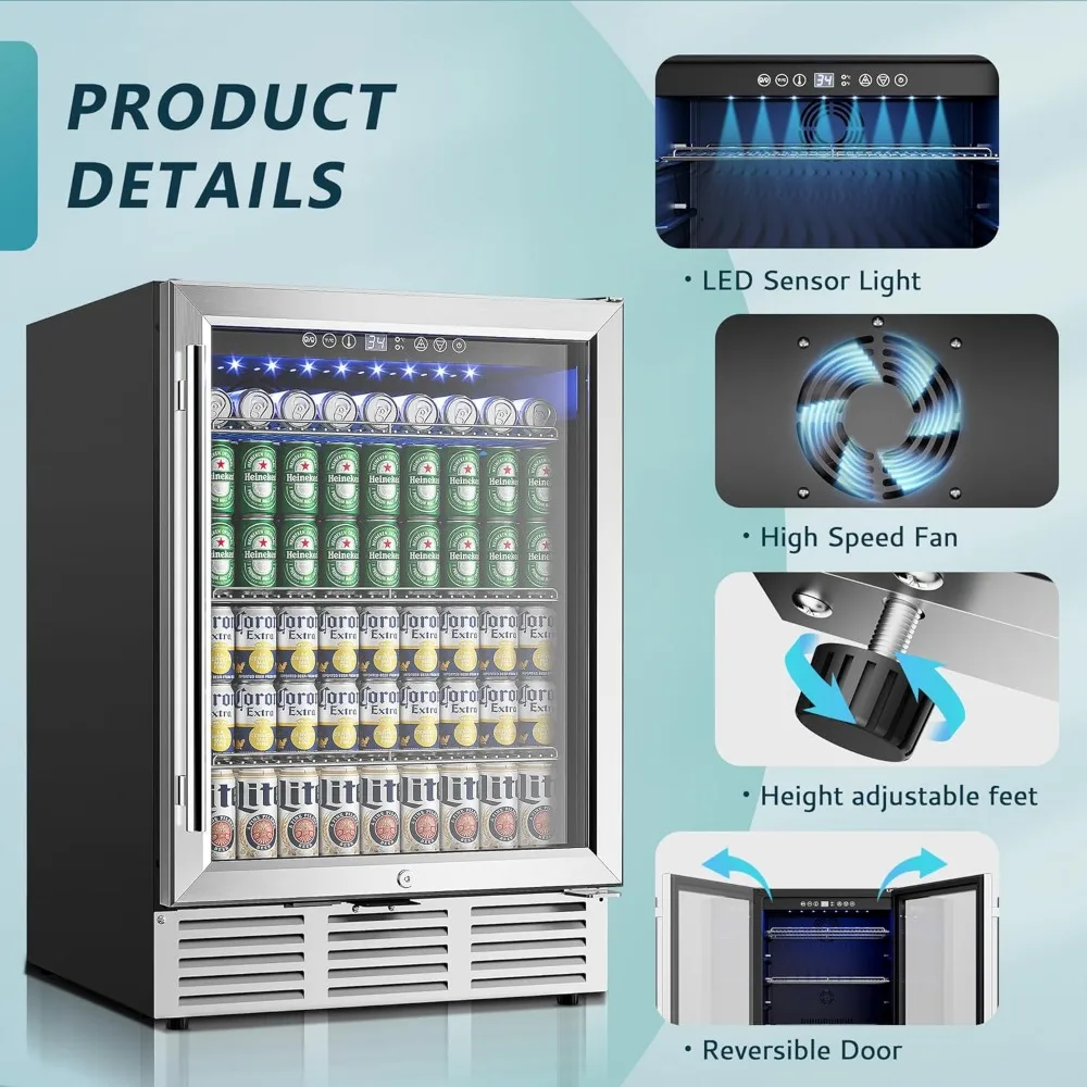 Beverage Refrigerator, 180 Can Built-in Beverage Cooler, Under Counter Beer Fridge with Glass Door for Soda, Water 5