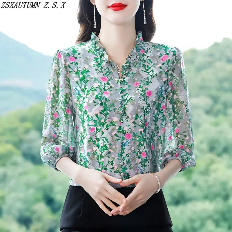 

Green Floral Chiffon Shirt Women's Spring Autumn New Summer Mother Blouse Beautiful Shirt Seven Points Sleeve Tops Fine Elegant