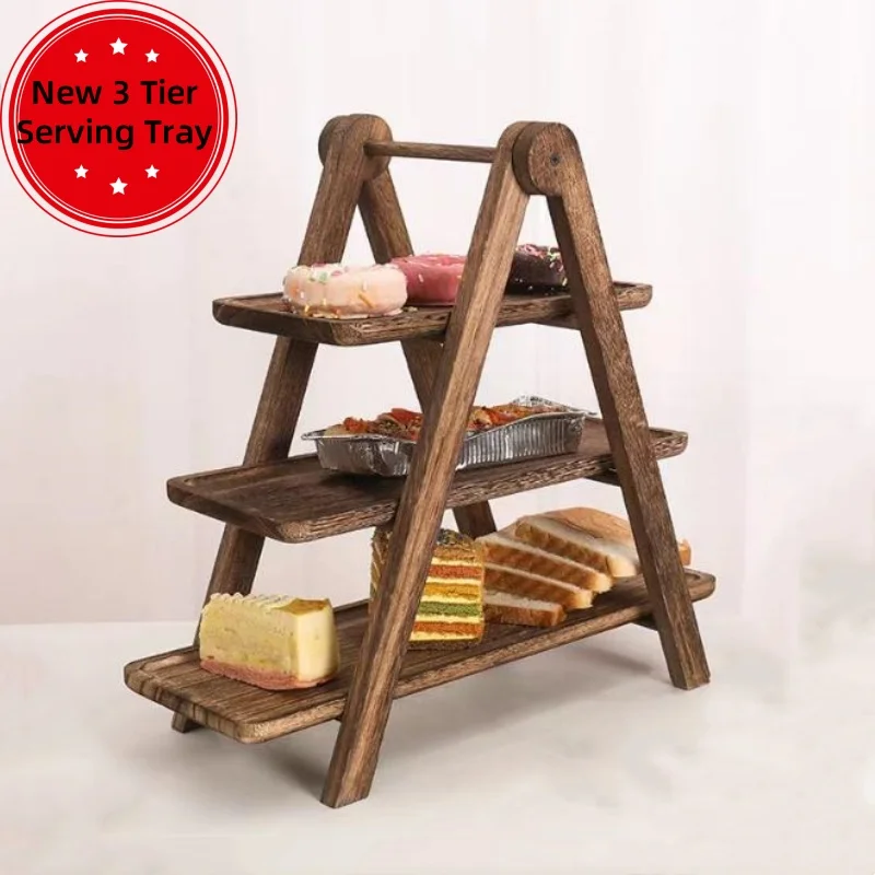 1PC New 3 Tier Serving Tray Wood Tiered Tray Decor Cake Stand Farmhouse Tiered Tray Party Serving Dishes And Platters Trays 2